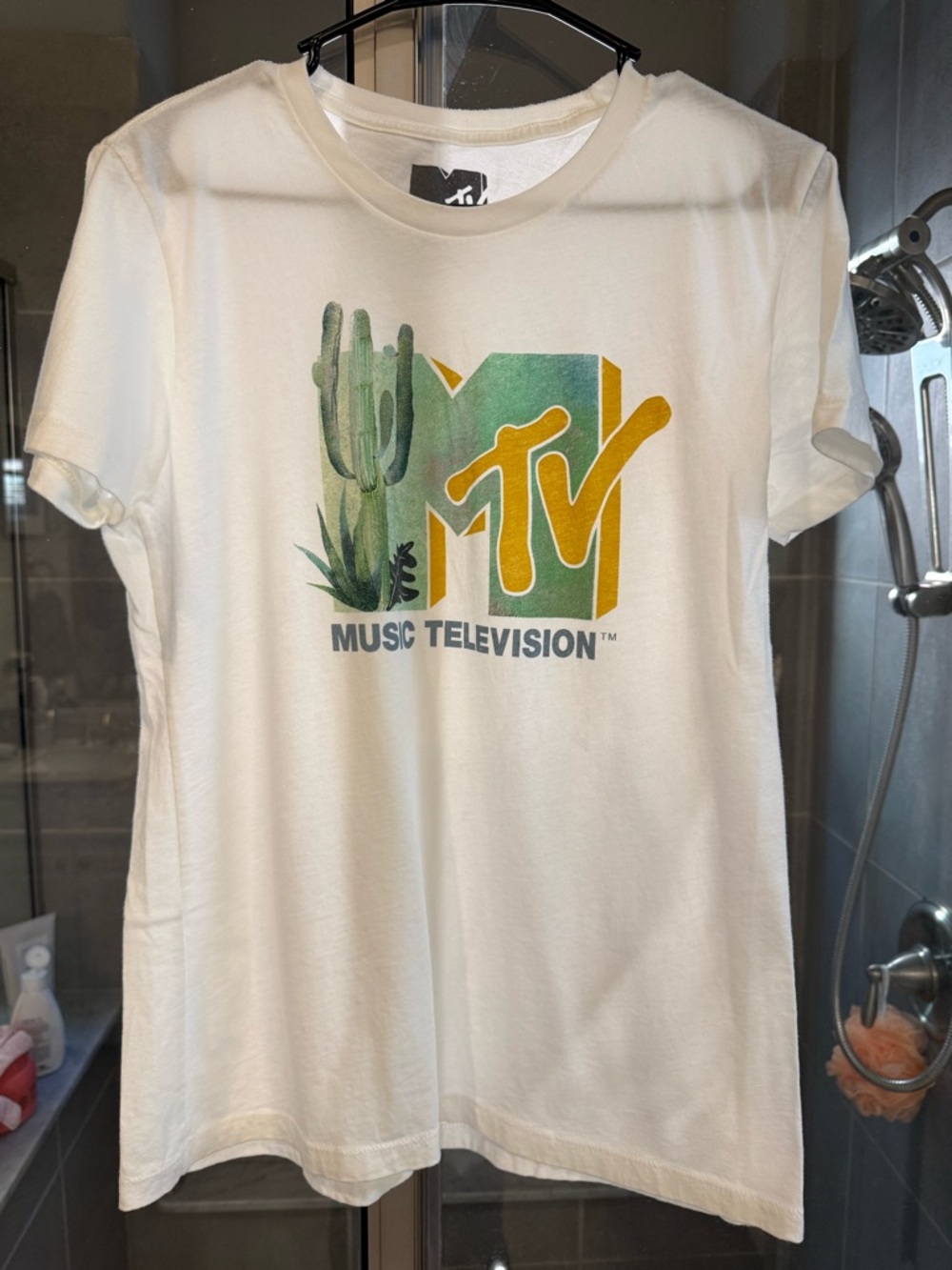 MTV Graphic Logo Cotton Tee in White with Green & Yellow Print